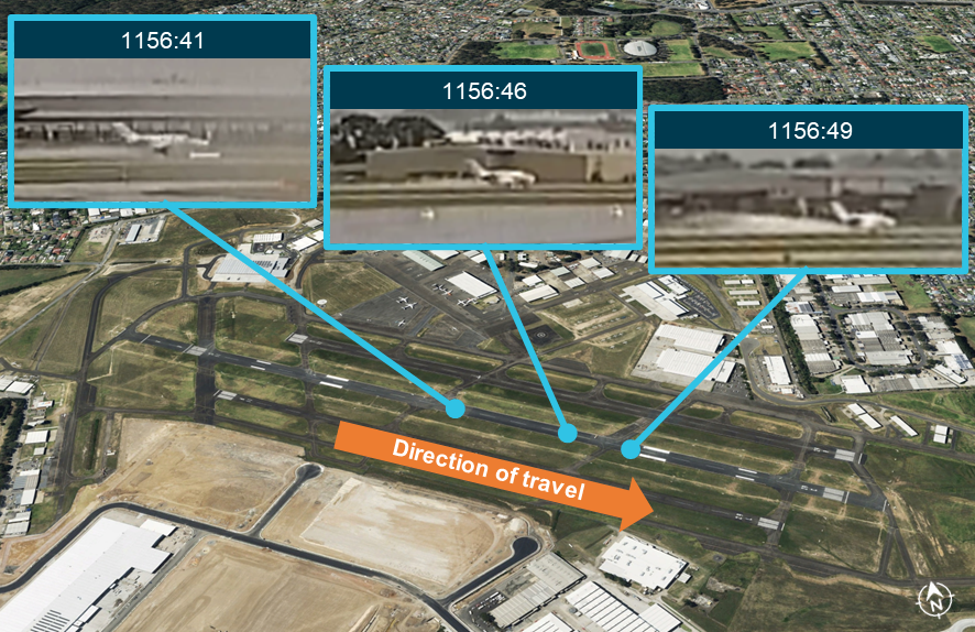 Image of Bankstown Airport with 3 CCTV images at points on the runway showing spray being ejected from beneath the aircraft.