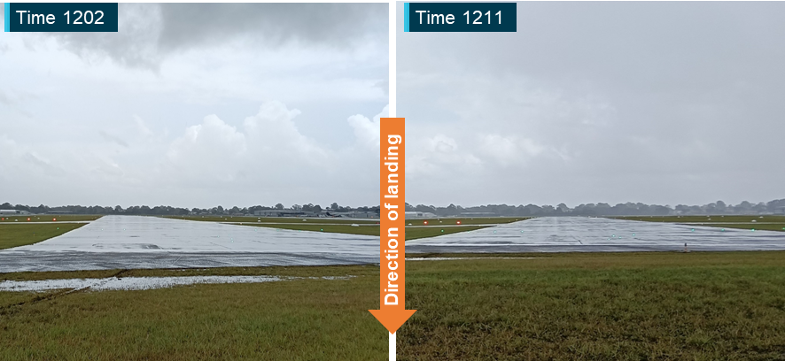 Two images of runway showing water on surface. At 1202 runway is visibly more wet than second image at 1211