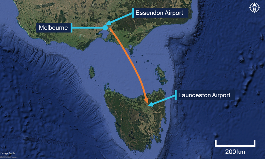 Map of Victoria and Tasmania showing the flight path from Essendon Airport, near Melbourne to Launceston Airport, Tasmania