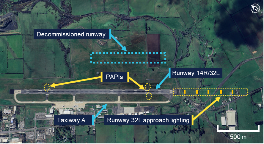 Layout of Launceston airport showing the position of lighting components and the decommissioned runway