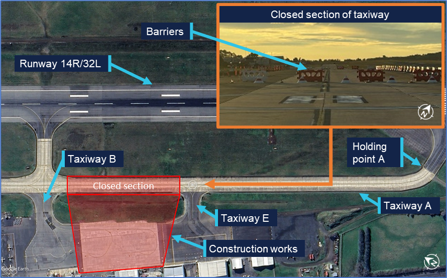 Location of construction works on taxiway A between taxiway B and taxiway E with an inset photo showing barriers places to block entry to this section.