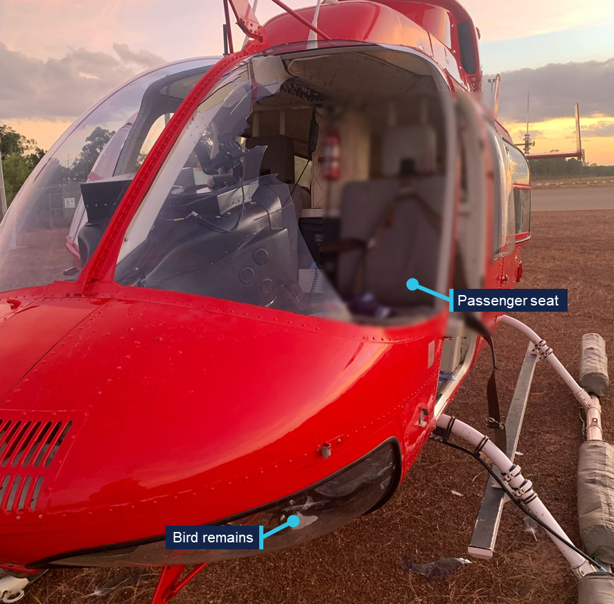 Damage sustained by the helicopter to the windshield