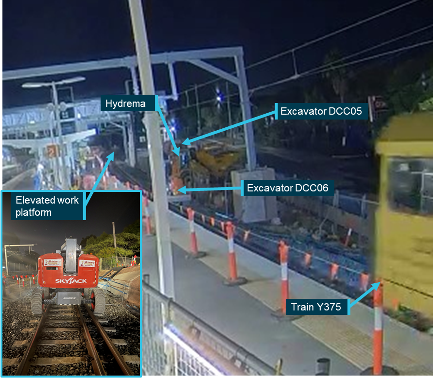 Figure&nbsp;3: Fairfield station closed circuit television footage at 2001:56 showing train Y375 just prior to it impacting the construction equipment