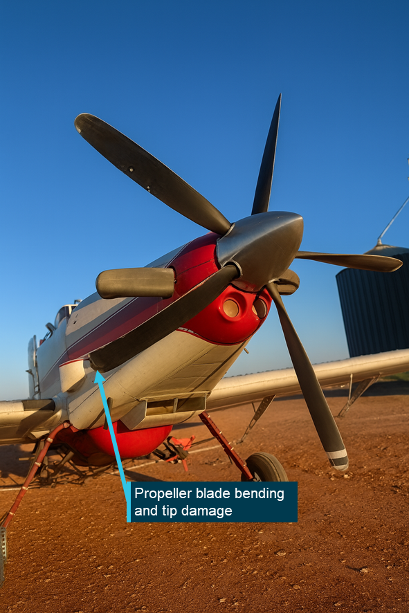 AT-802 showing propeller blade bending and tip damage.