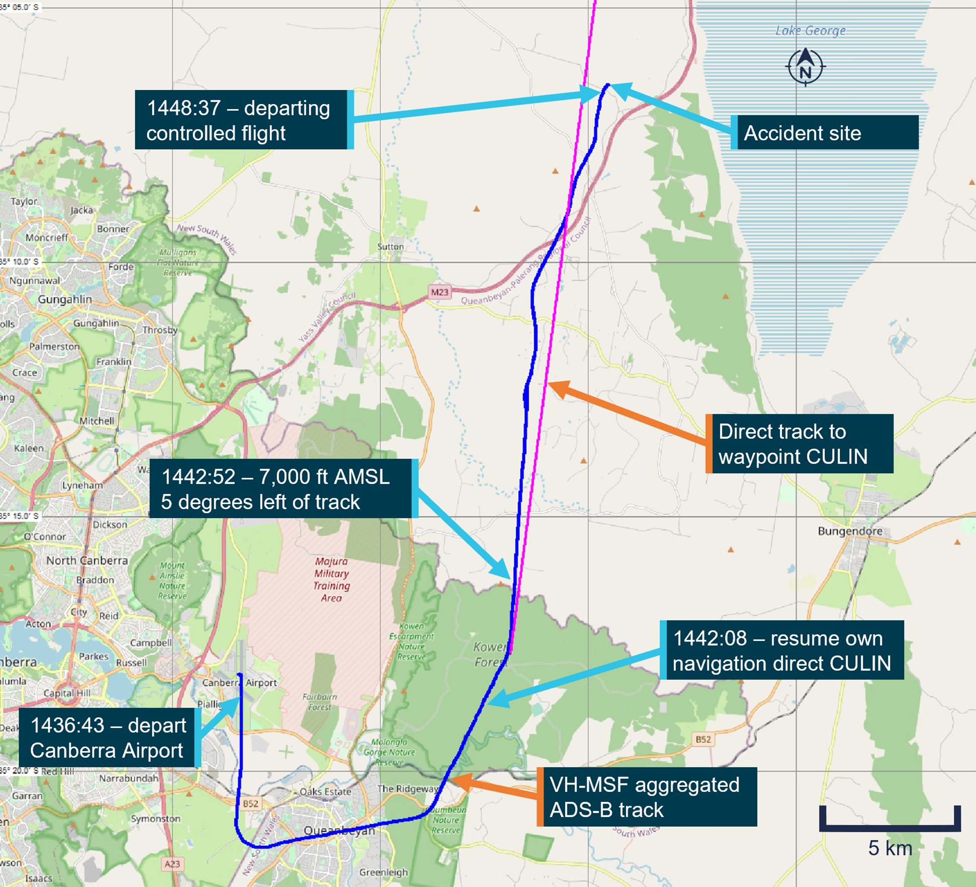 Map of the local area around Canberra showing the aircraft's flight track up to the point of the accident site.