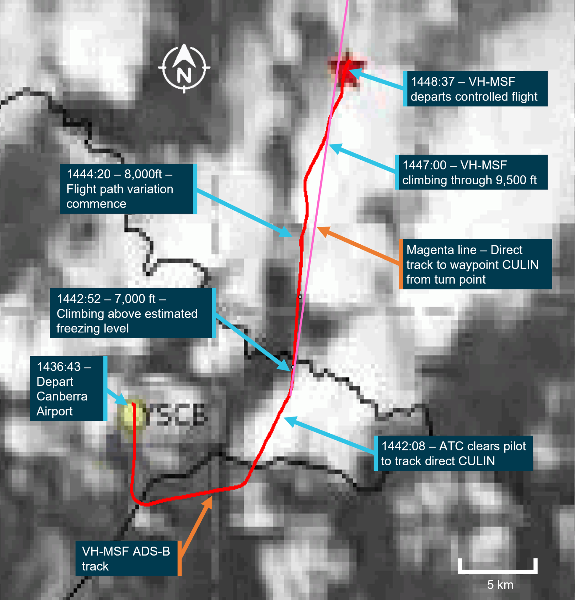 VH-MSF flight track overlaid on an enhanced visible satellite image, taken close to the time of the accident. The image shows the cloud in the area relative to the flight track.