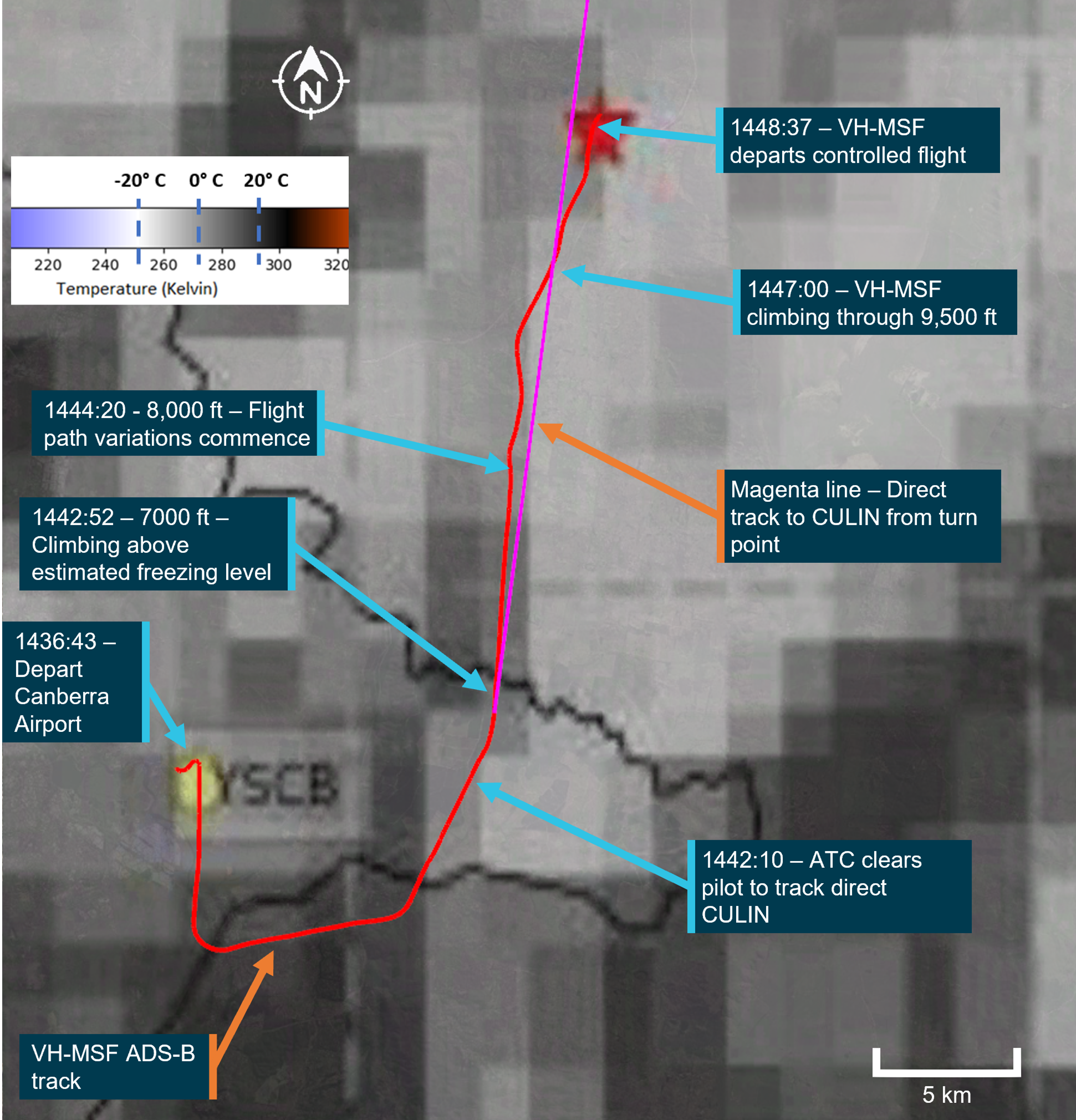 VH-MSF track overlaid on RGB infrared enhancement image, taken close to the time of the accident showing variation in colour which indicates cloud height and freezing level.