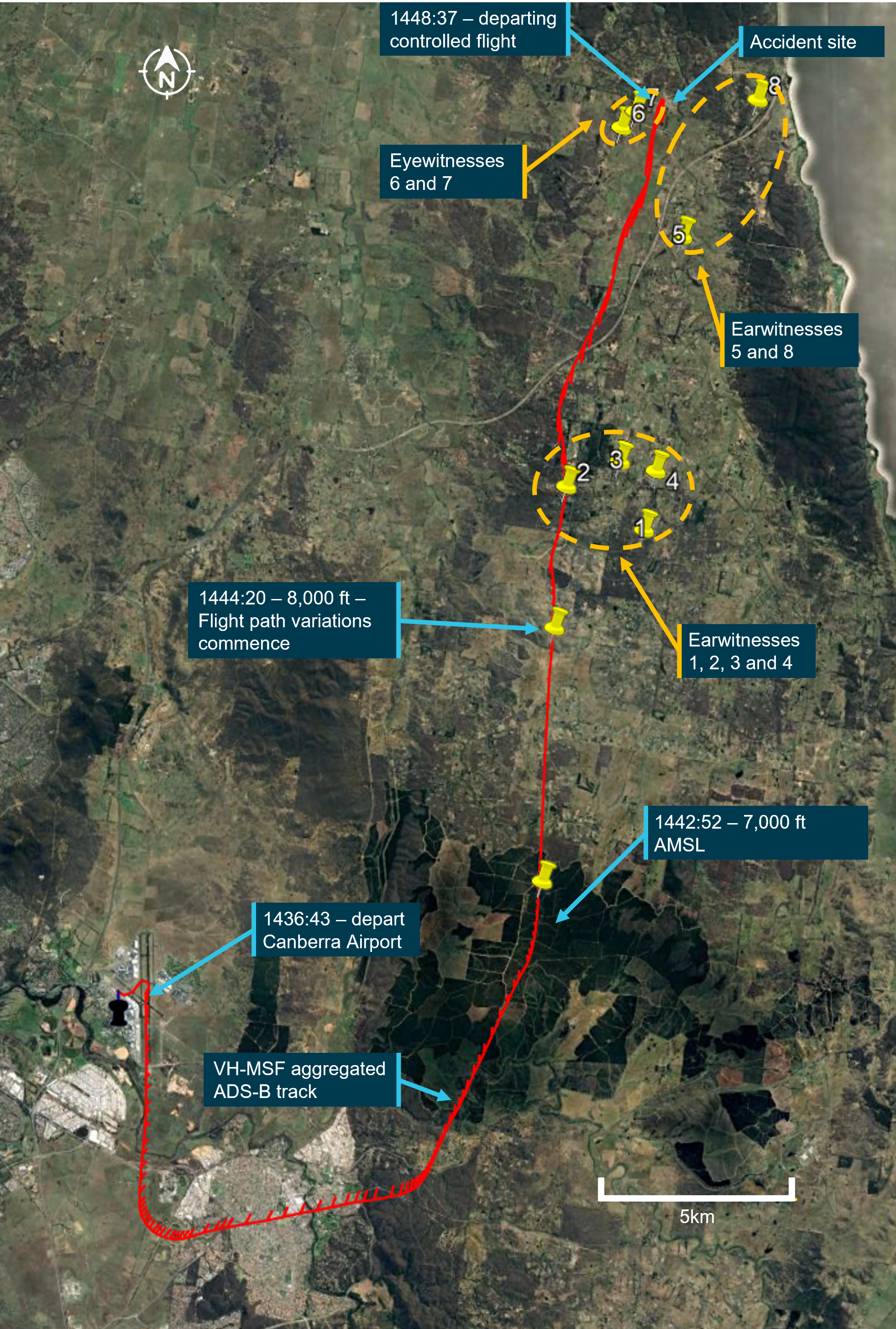 Aircraft flight path detailing the locations of ear and eyewitnesses