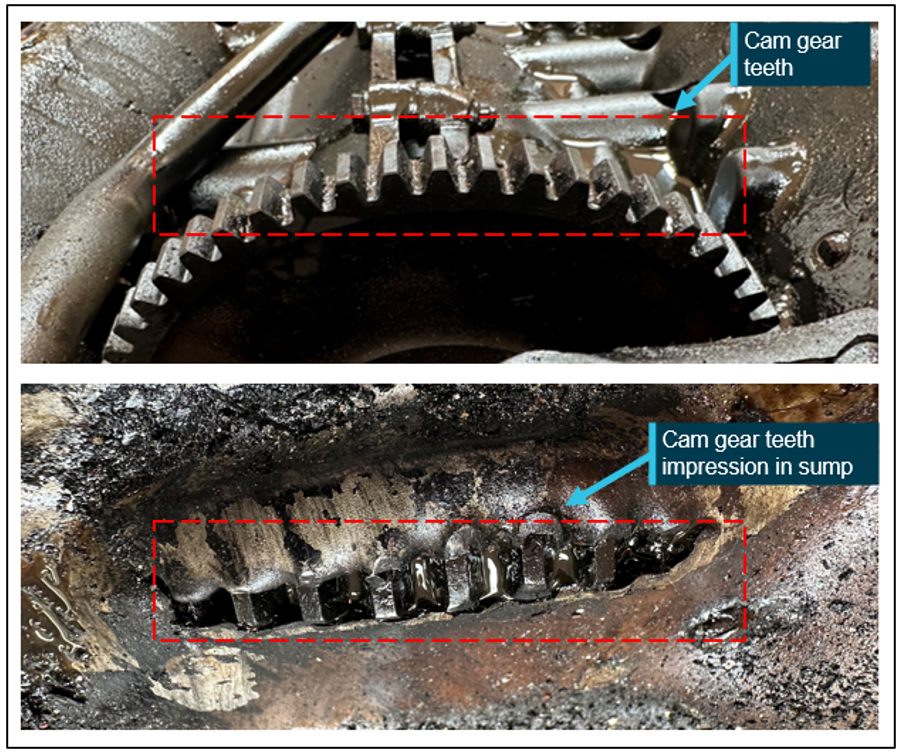 Internal image of the oil sump showing impact marks from the cam gear.