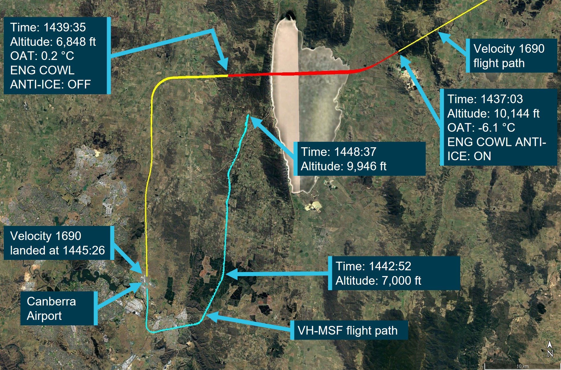Map of the area around Canberra showing the flight track of Velocity 1690 commercial aircraft in relation to VH-MSF, with labels indicating times and the temperatures recorded by Velocity 1690. 