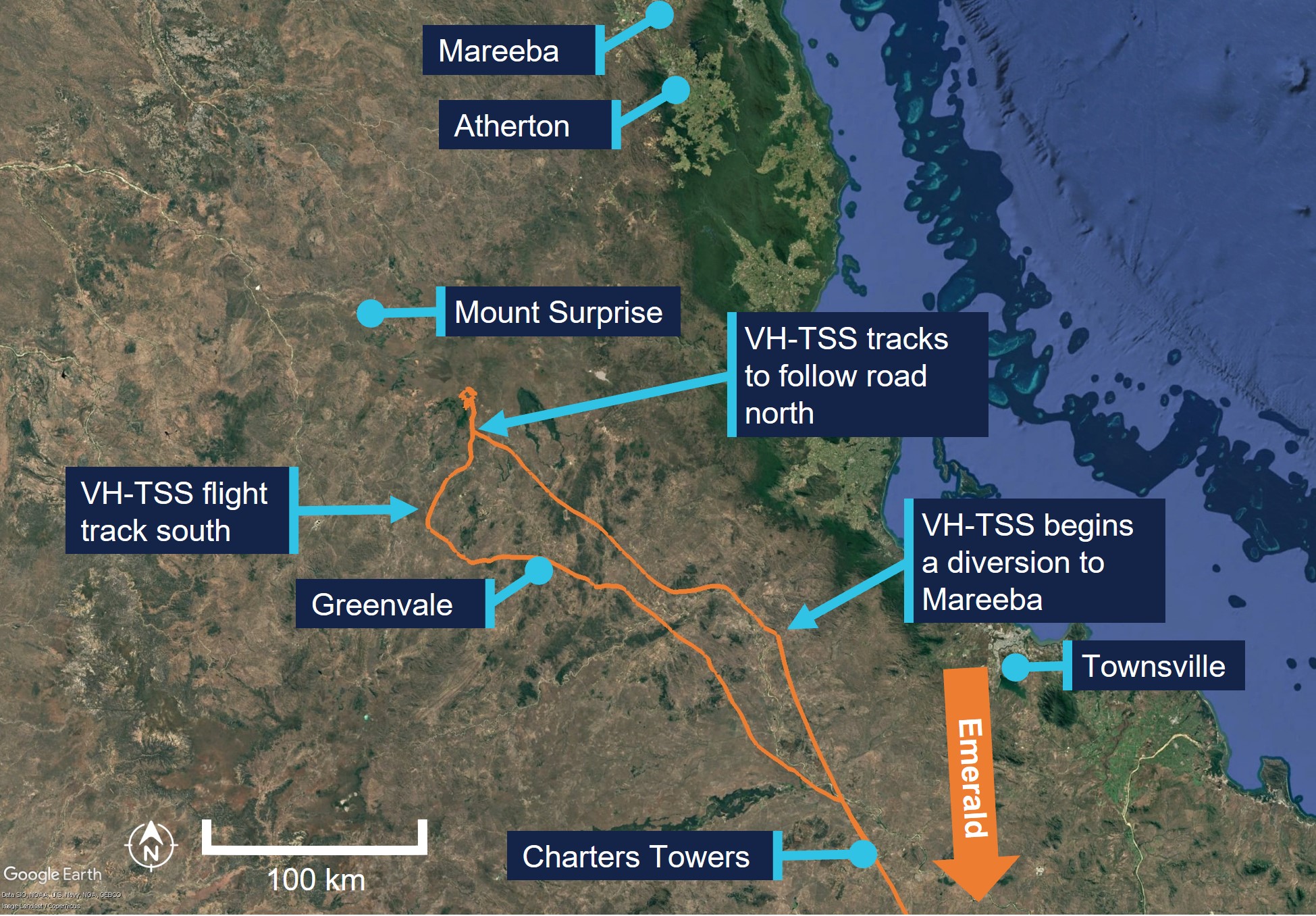 VH-TSS flight track North of Charters Towers