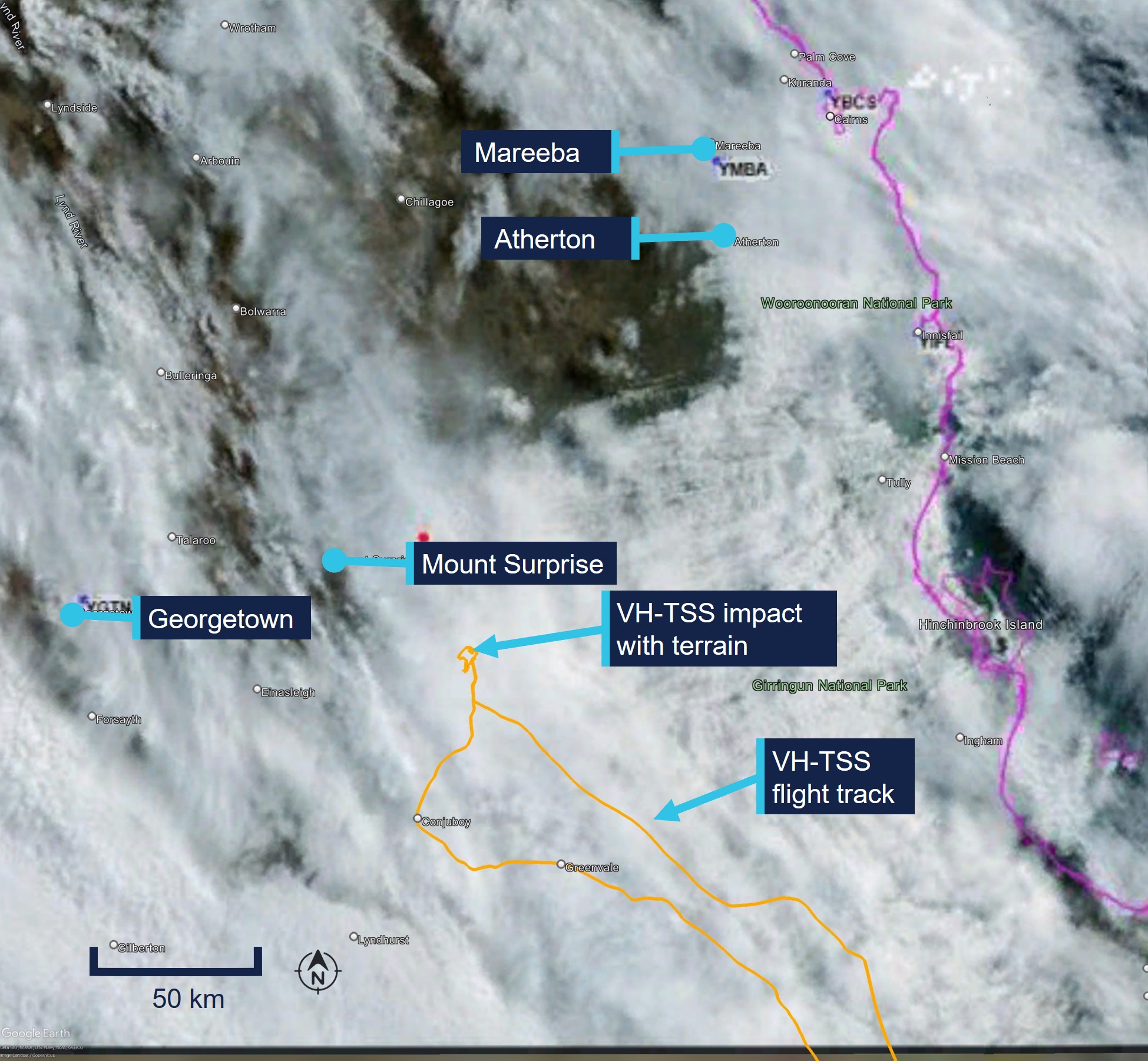 Satellite image of north Queensland showing cloud cover over VH-TSS flight track
