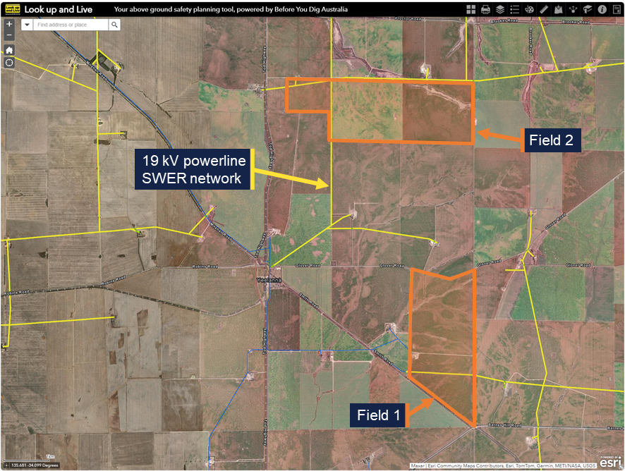 Figure 1: Fields that were sprayed (outlined in orange) and the surrounding powerline network (yellow lines)