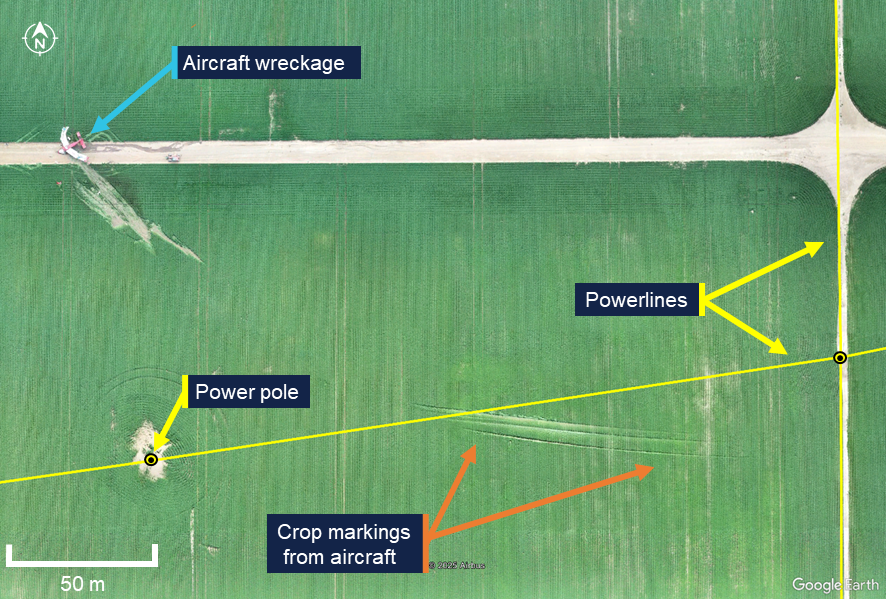 Powerlines and crop witness marks at the accident site