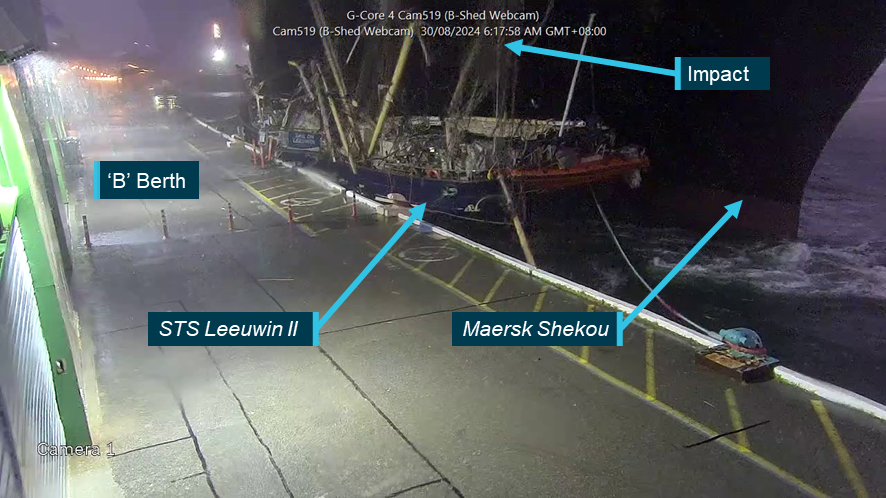 CCTV still image showing collision between Maersk Shekou and STS Leeuwin II
