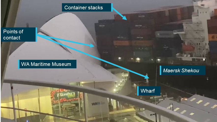 Footage showing contact of Maersk Shekou with the shore