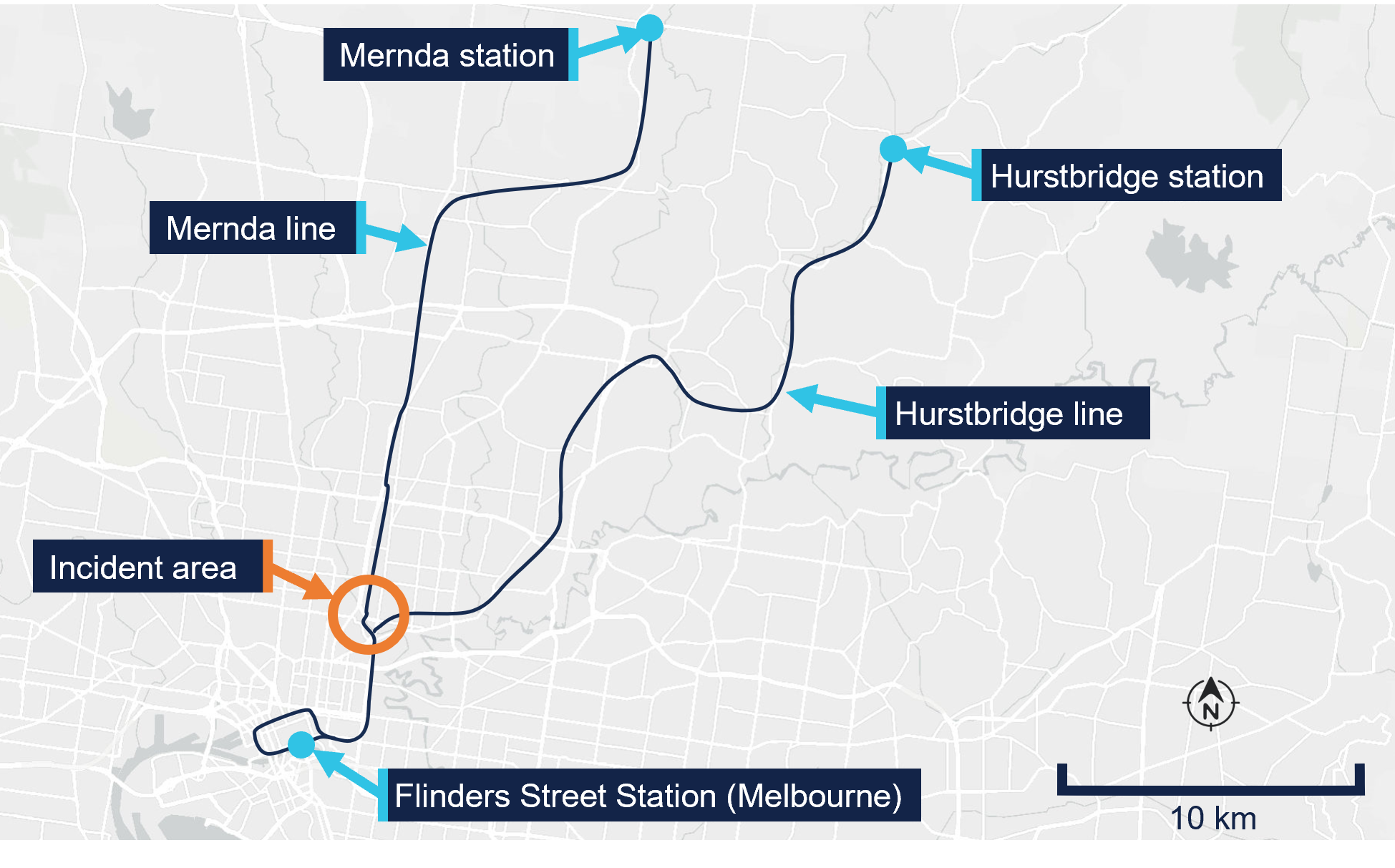 A schematic view of the route of the Mernda and Hurstbridge lines of the Melbourne metropolitan rail network.