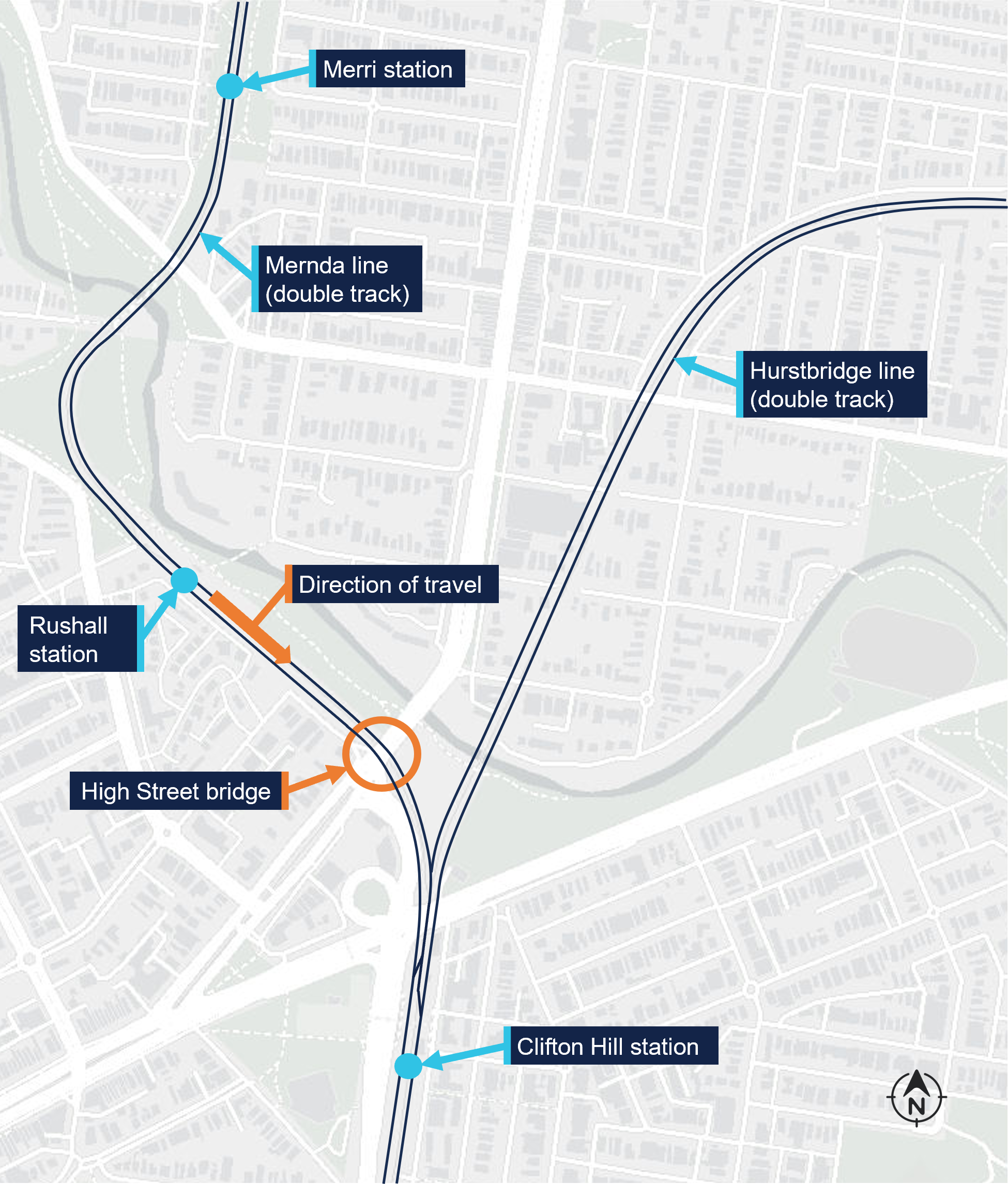 An overview of the incident area showing where High Street bridge is located, between Rushall and Clifton Hill stations.