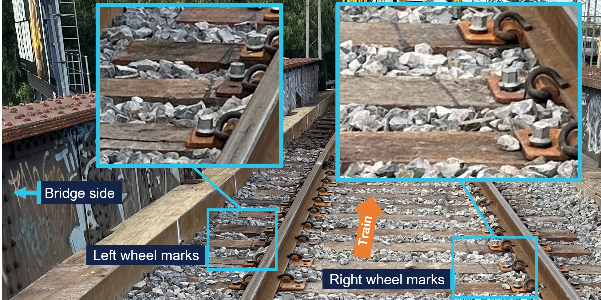 This image shows marks on the timber railway sleepers made by the derailed wheels 