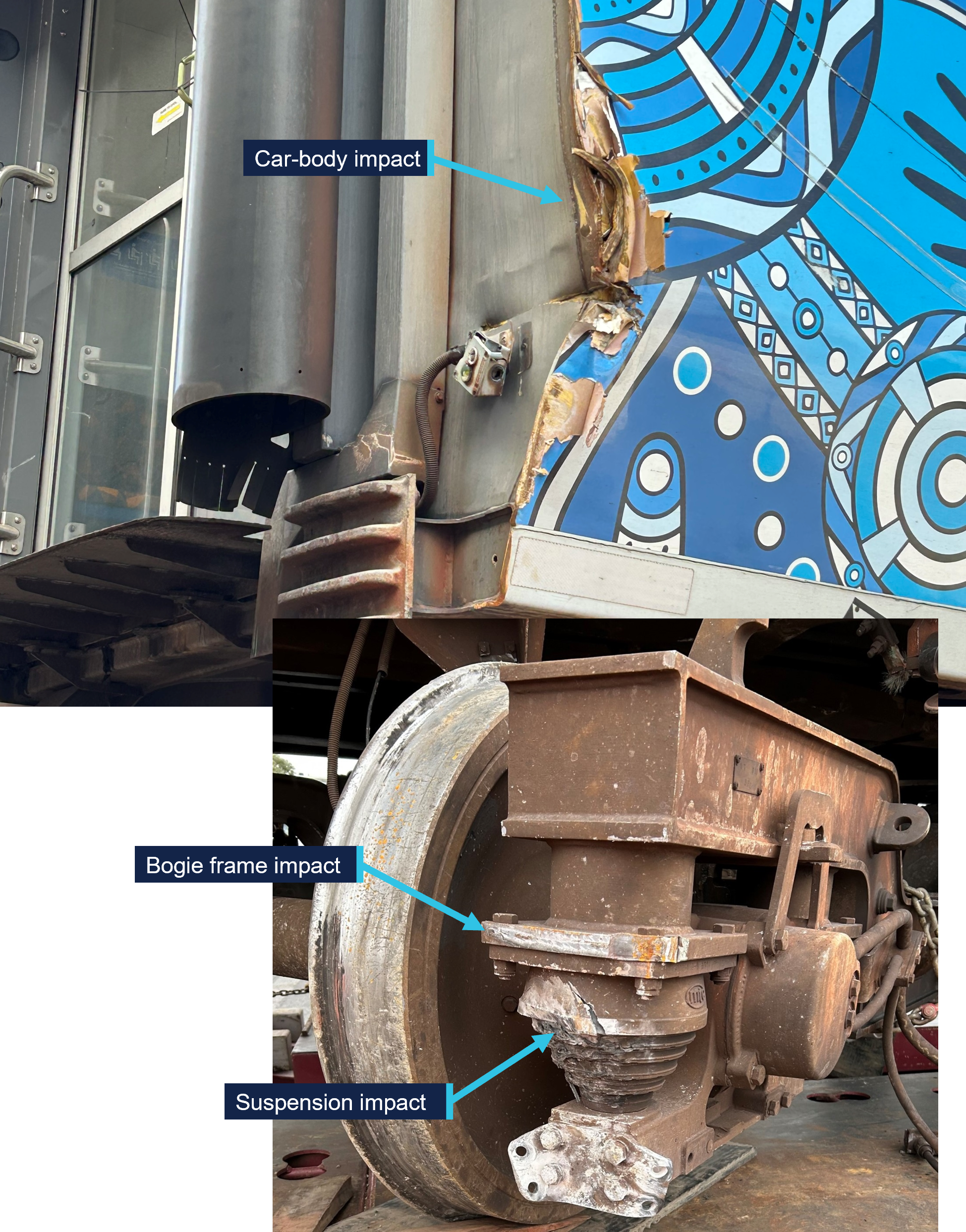 Pictures showing the impact damage sustained by the car-body, bogie frame and suspension of the 5th car