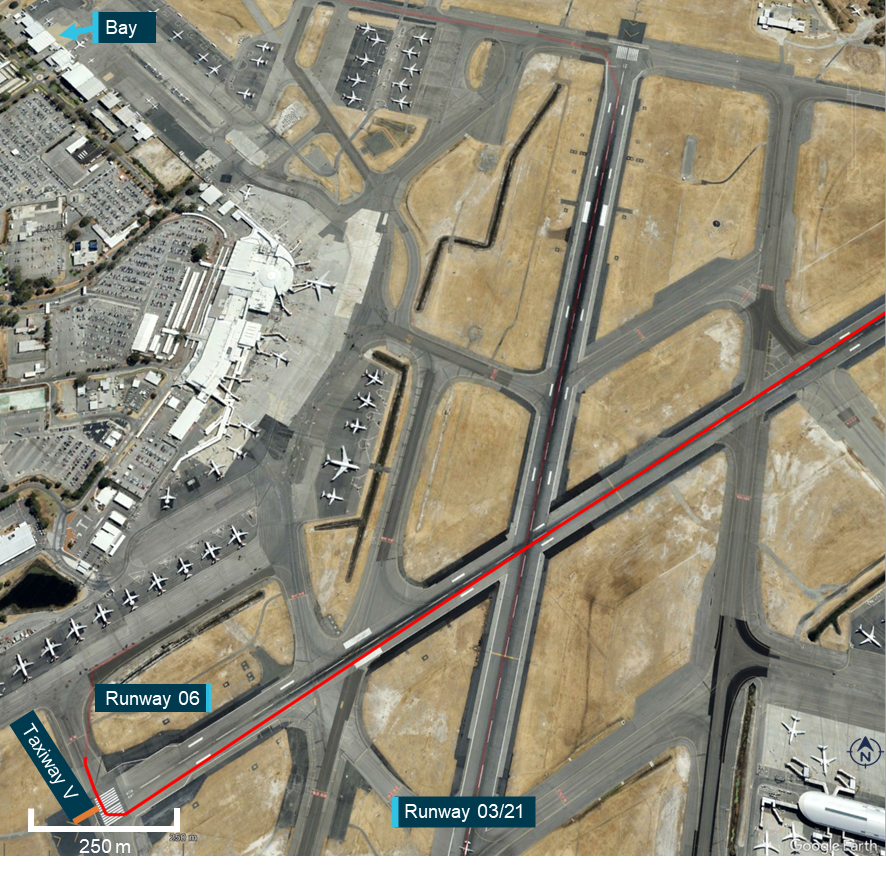 Overhead map of Perth Airport runway 06 showing flight path of the take-off in the second incident.