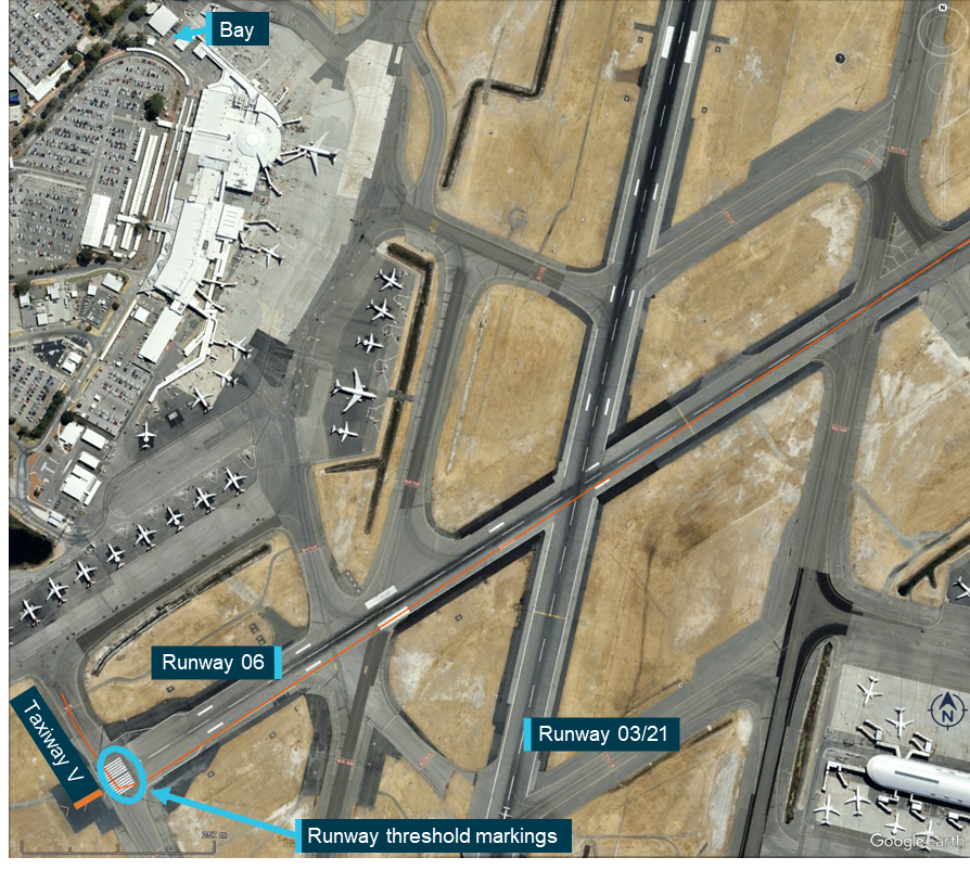 Overhead map of Perth Airport runway 06 showing flight path of the take-off in the third incident.