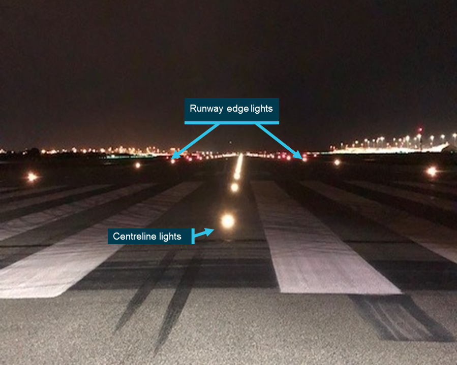 Photograph taken from the start of runway 03 at night showing the centreline and runway edge lights