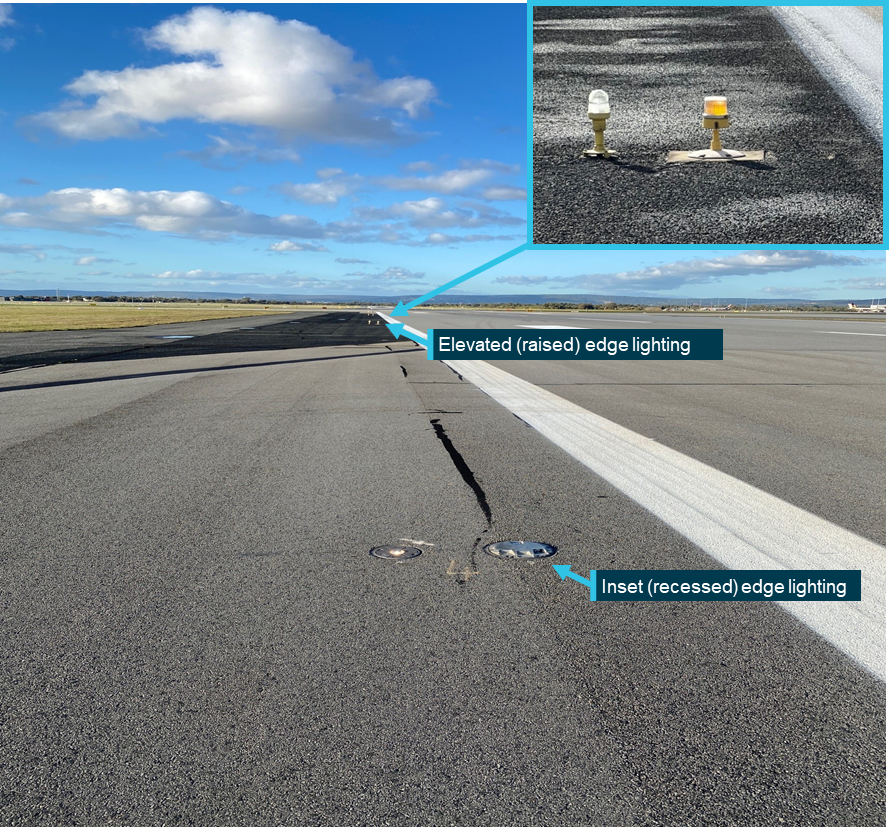 Photograph of runway 06 edge lighting taken from the left side showing inset (recessed) edge lighting and elevated (raised) edge lighting