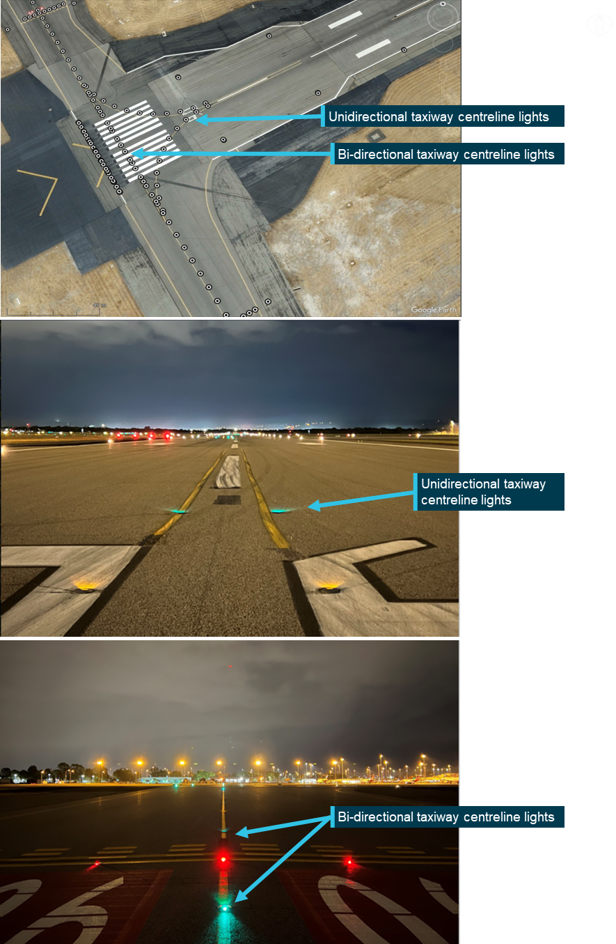 Three images showing overhead map of the intersection of runway 06 and taxiway V (top); photograph of alternate green and yellow unidirectional taxiway centreline lights at night (middle); and photograph of bi-directional green centreline lights at night (bottom)