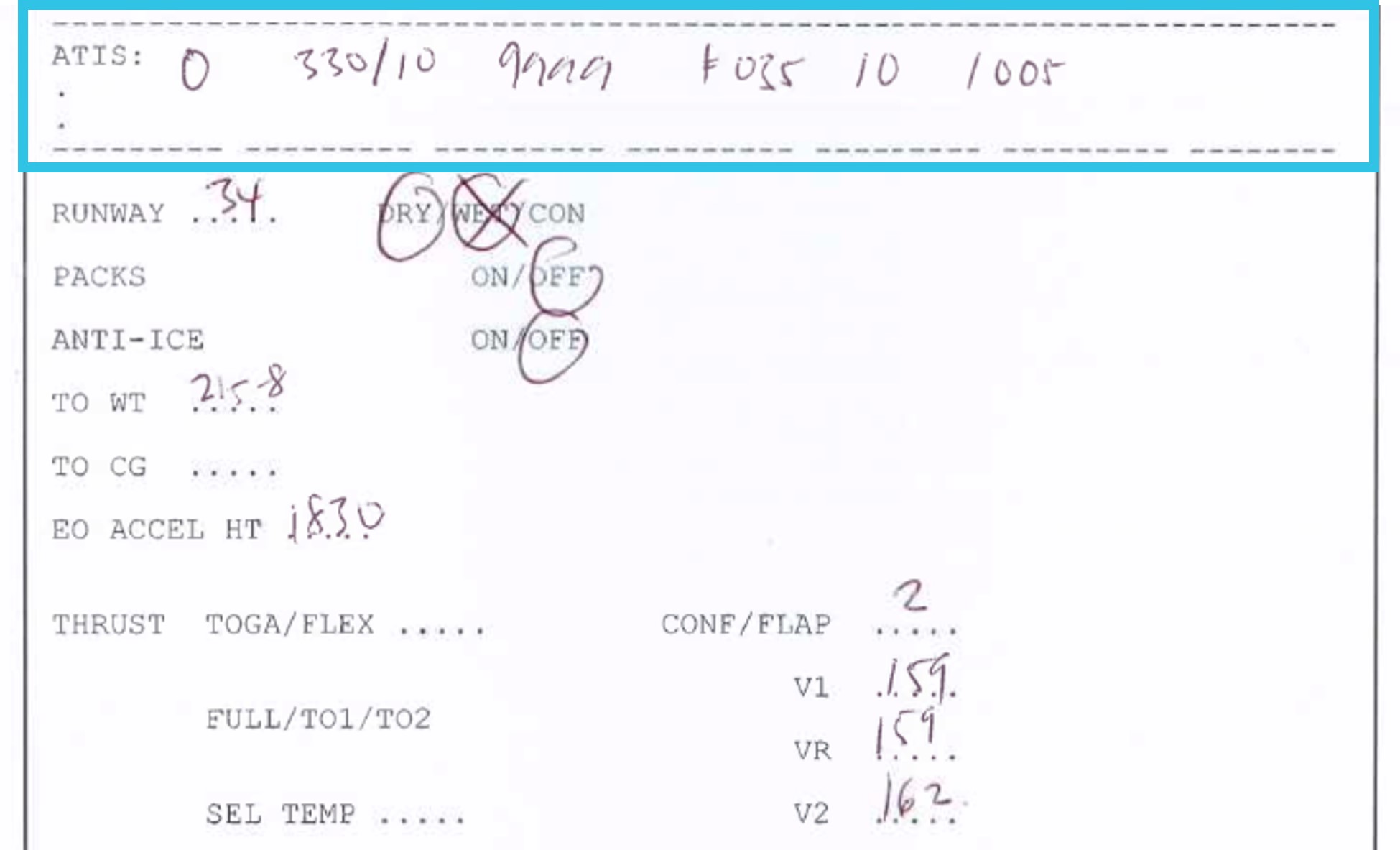 A half-page excerpt from the Malaysia Airlines operational flight plan, showing handwritten weather details in a dedicated space for ATIS.