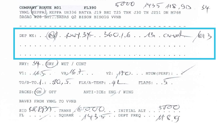 A half-page excerpt from the Bamboo Airways operational flight plan, showing handwritten runway and weather details in a dedicated space for departure weather.