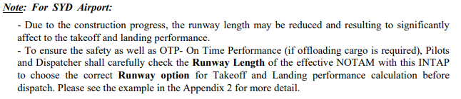 A text excerpt from the Bamboo Airways internal notice to all pilots, highlighting ongoing construction works at Sydney airport, and the possibility of reduced runway length.  