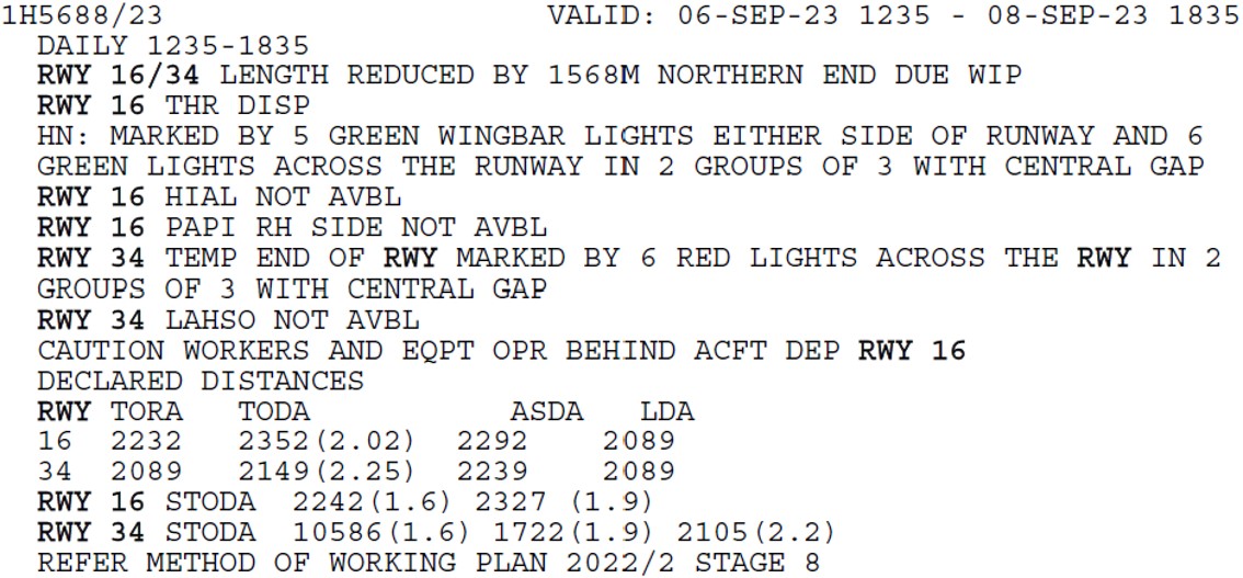 Approximately one-third of a page of all-caps text comprising the NOTAM for the reduced runway length due to works in progress.