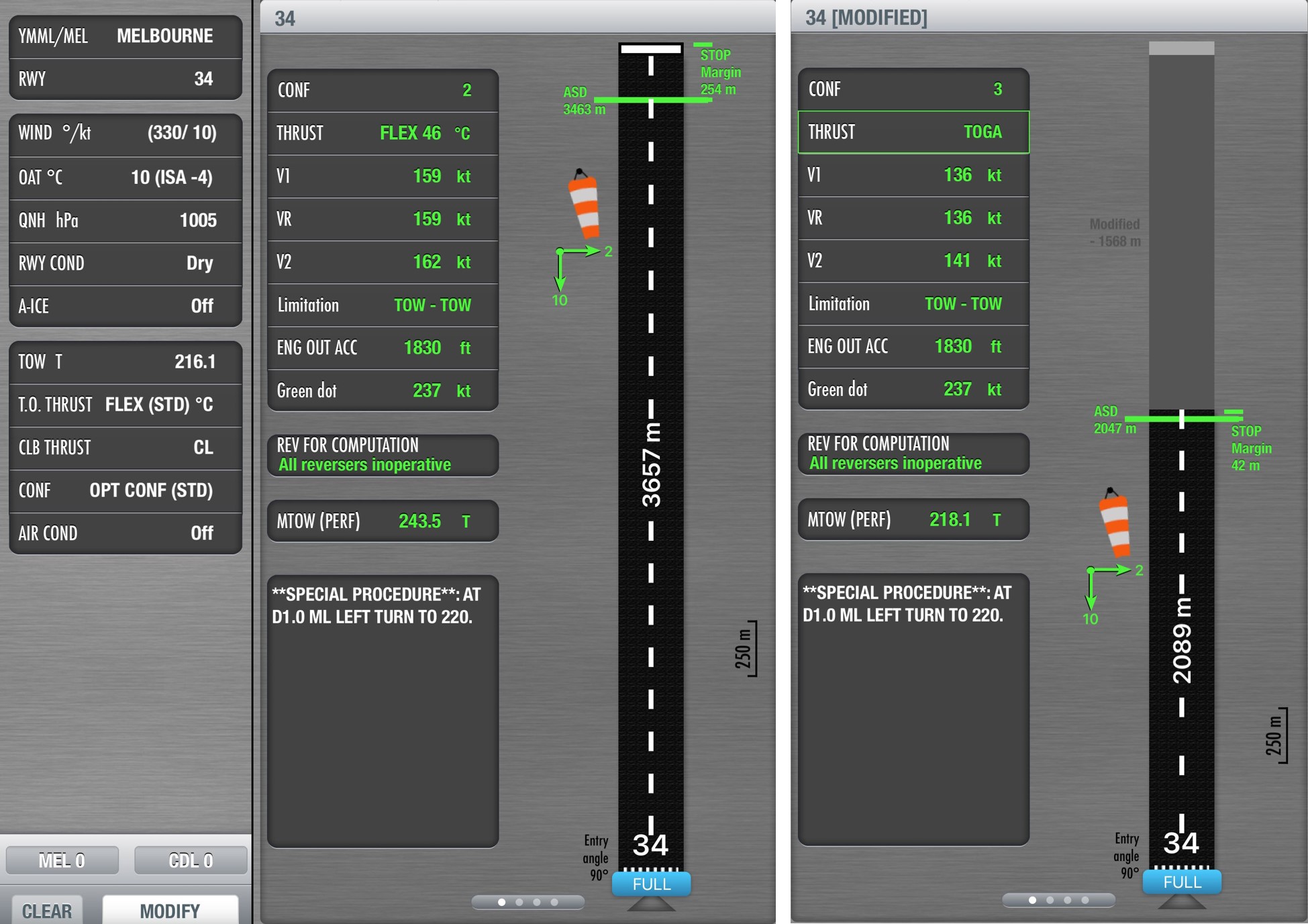 Screenshots of flight parameters and take-off performance figures with associated runway illustration. Comparison between full length and reduced length runway. 