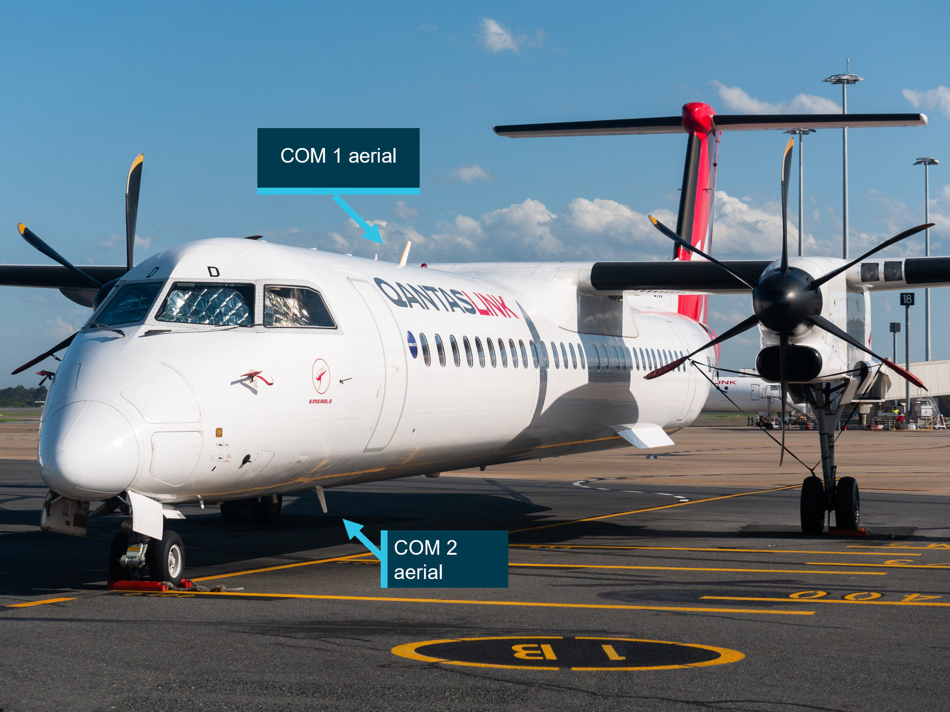 Dash 8 with annotations of VHF antenna locations on airframe