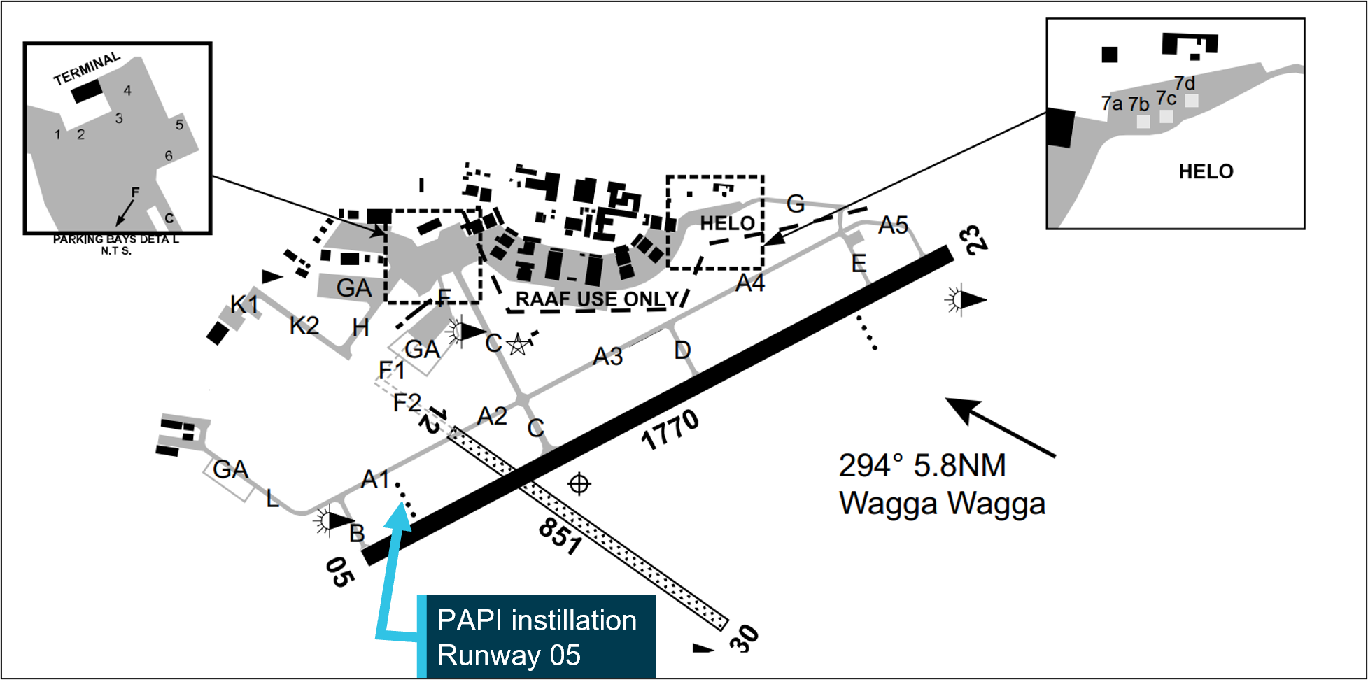 Picture showing layout of Wagga Wagga aerodrome. Showing names of taxiways and runways. Annotation by ATSB indicating location of PAPI for runway 05.