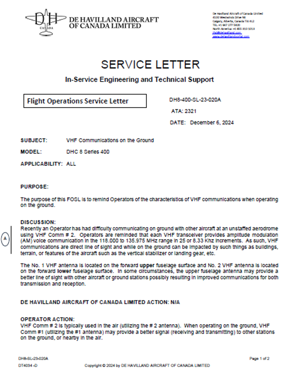 Flight Operations Service Letters