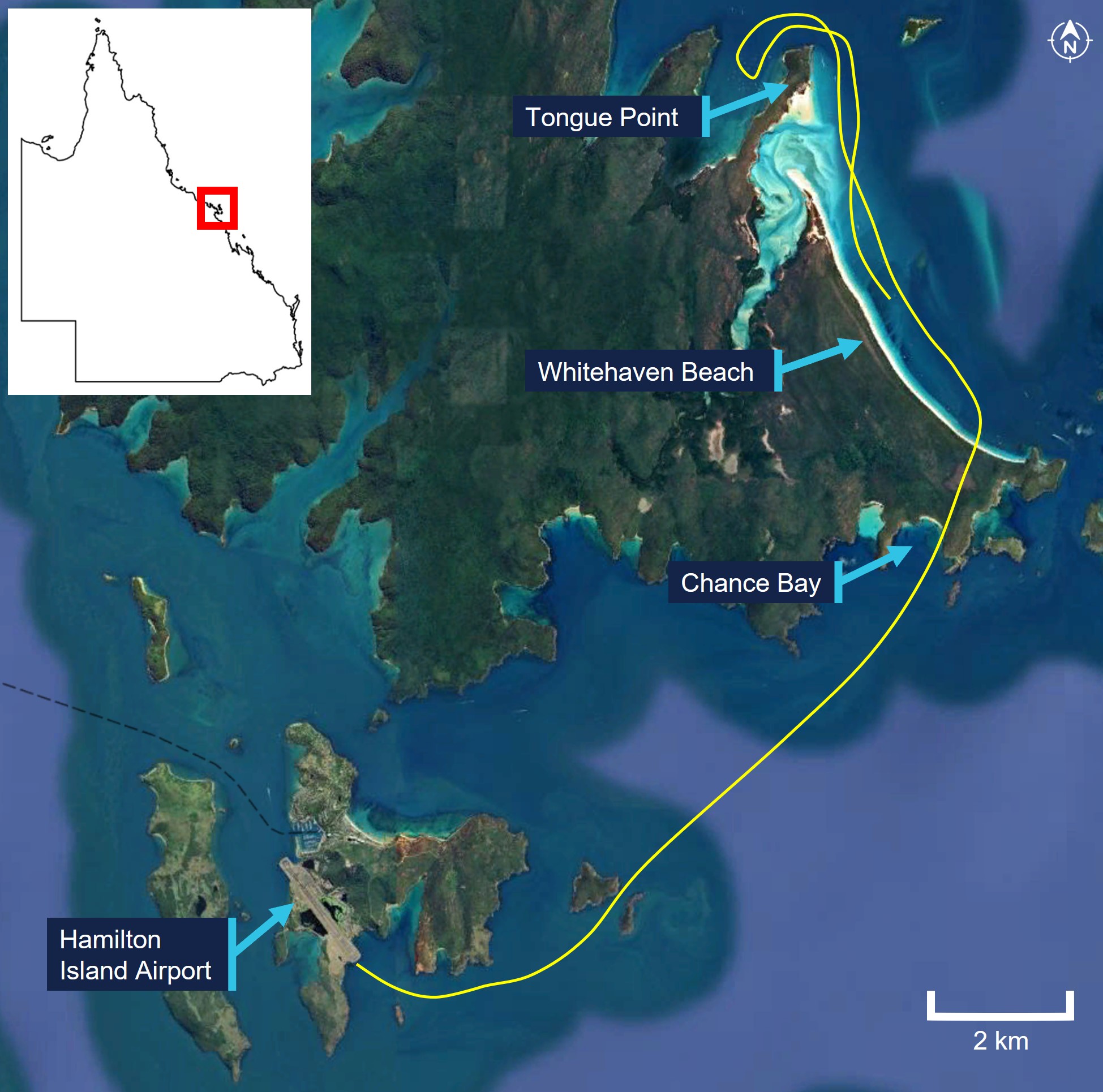 Approximate flight path drawn over map showing Hamilton Island and Whitehaven Beach