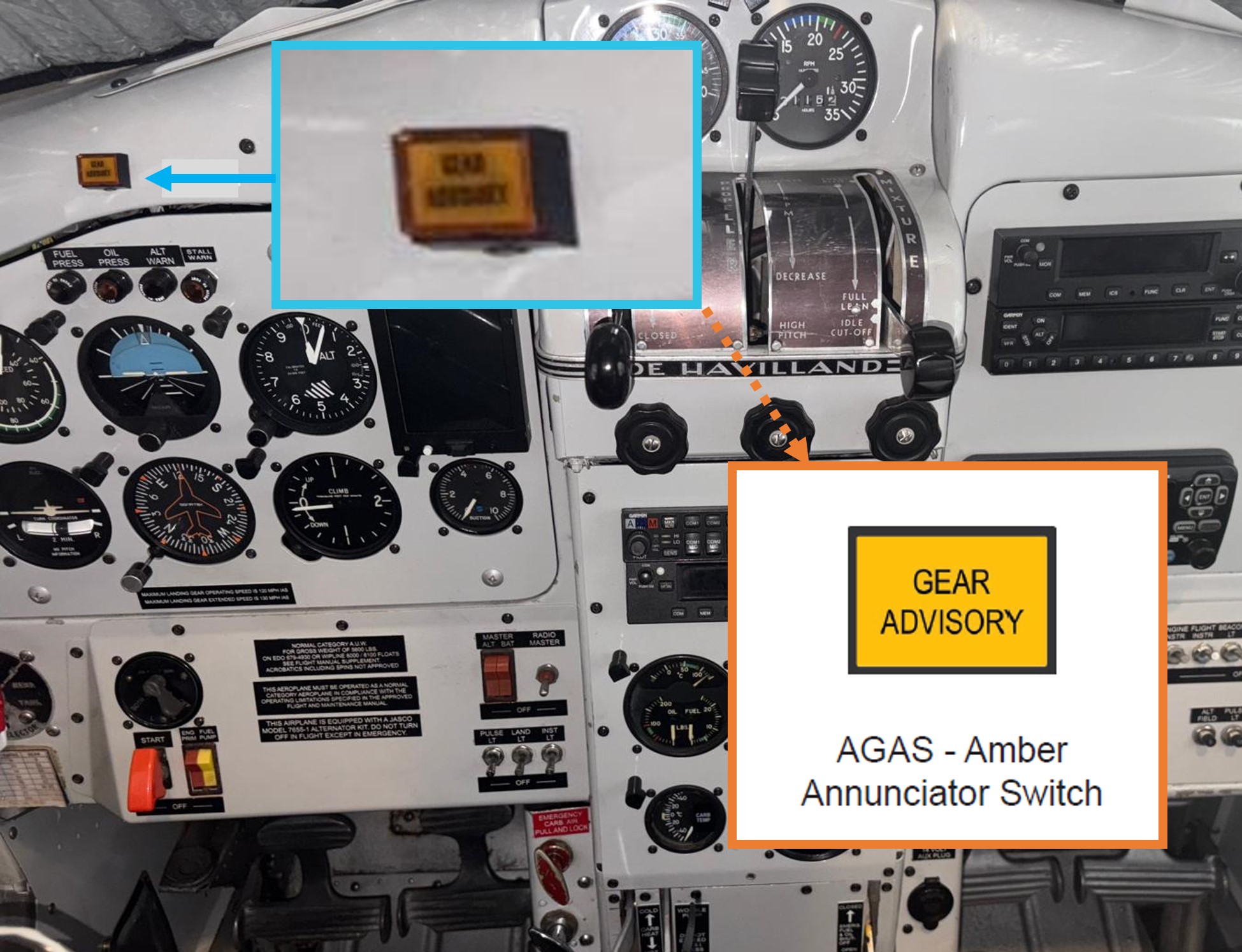 Typical DHC-2 instrument panel showing location of gear advisory annunciator lamp.