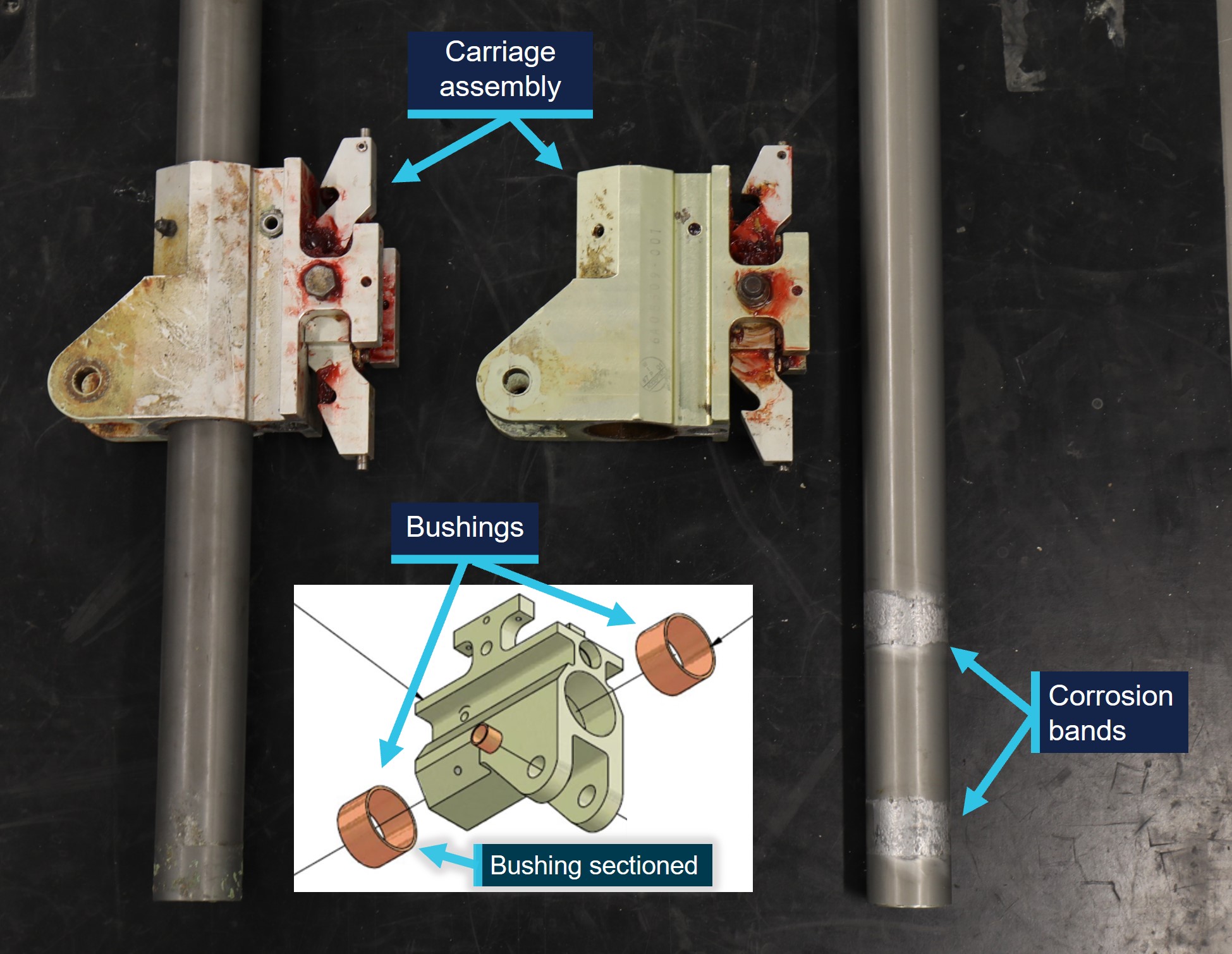 VH-OHU slide tube and carriage assemblies, showing bands of corrosion on right slide tube.