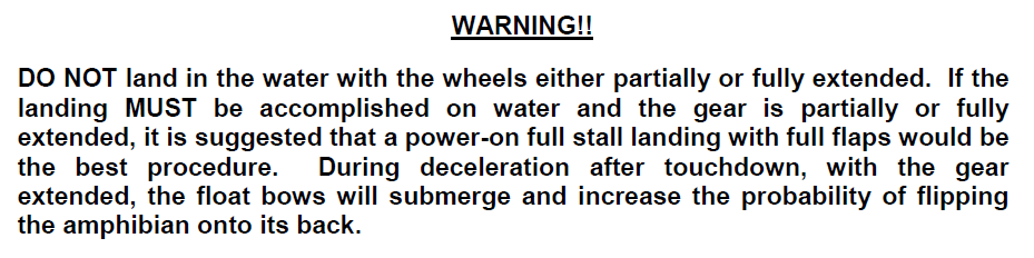 Warning re amphibian floats - text reproduced from the flight manual supplement