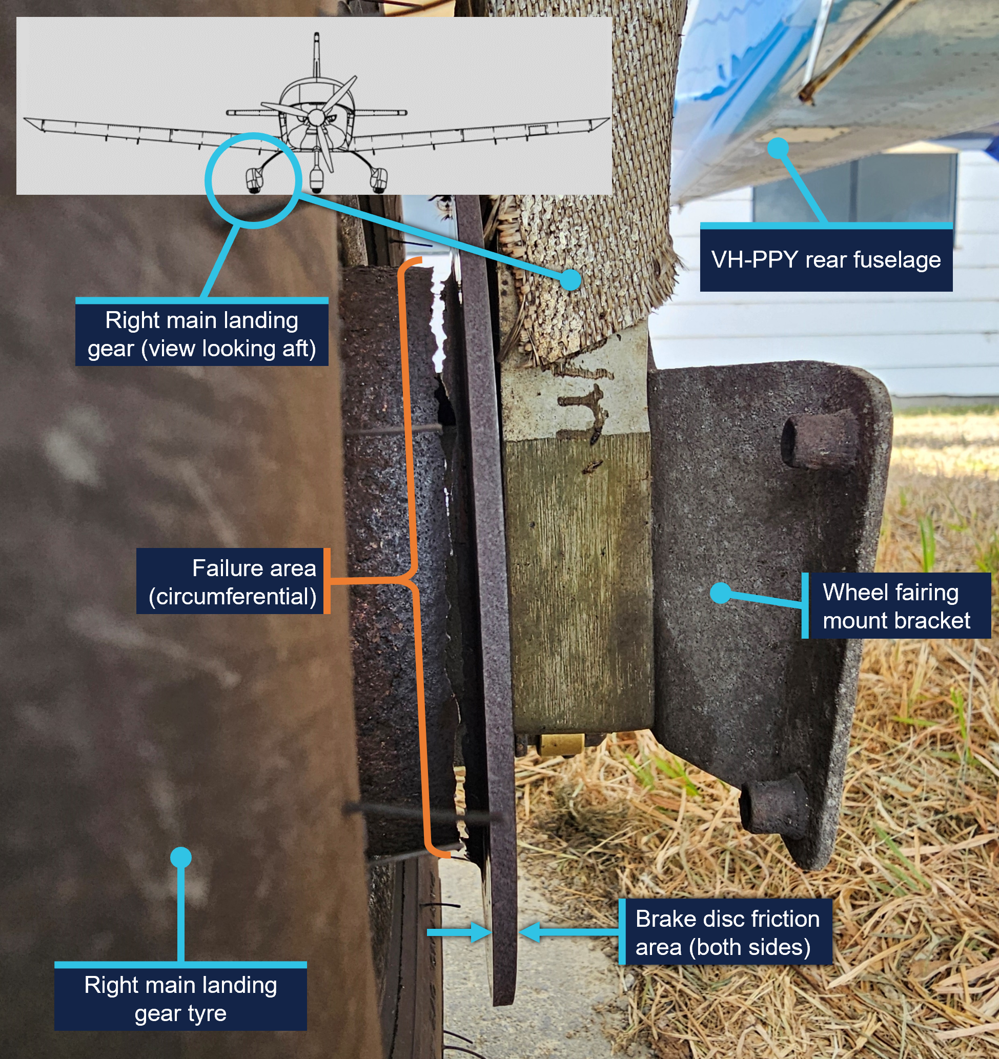 A close-up picture of the right main landing gear brake disc showing the failure area.
