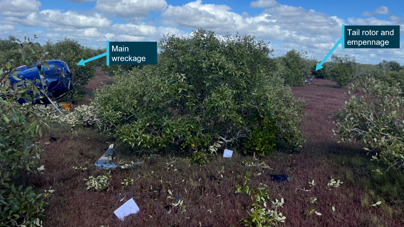 Photograph of main and tail rotor wreckage at accident site