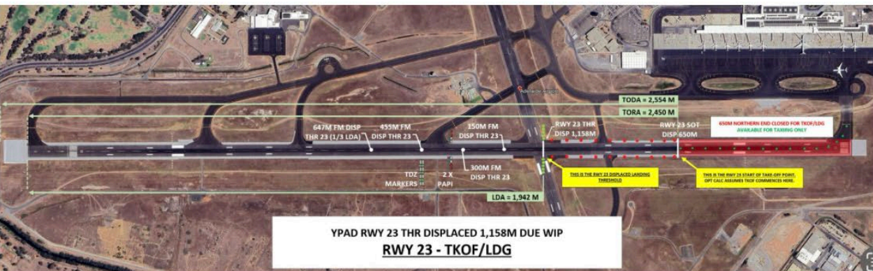 Runway 23 image with yellow labels showing start of take-off and displaced landing threshold positions 