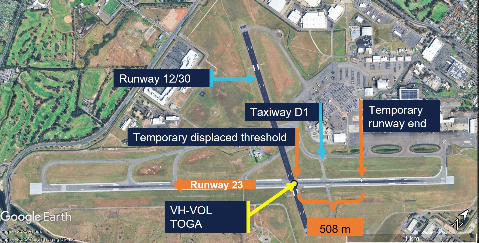 VH-VOL TOGA position at the displaced threshold 