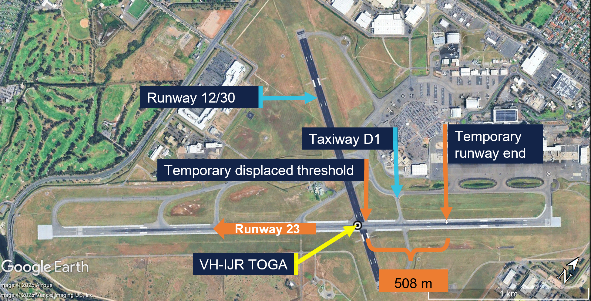 VH-IJR TOGA position at the displaced threshold