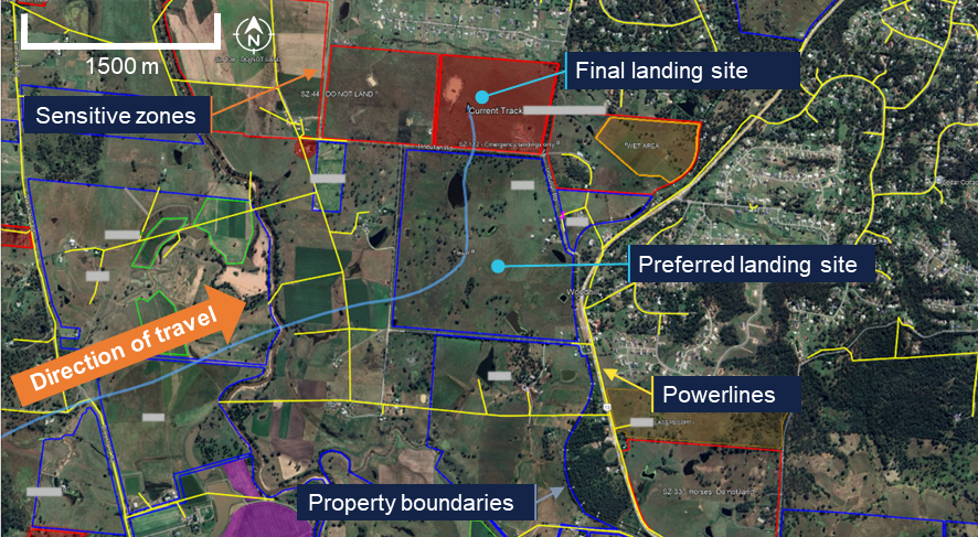 Operator flying map showing the flight path overlaid with operational areas, sensitive zones, and powerlines.