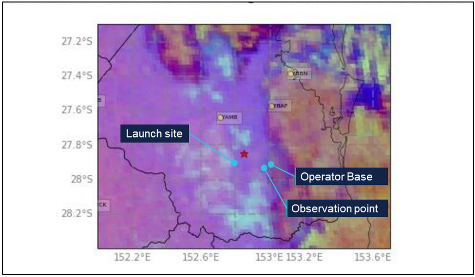Satellite imagery showing location of fog as light blue in reference to the accident location at 5:00 local time.