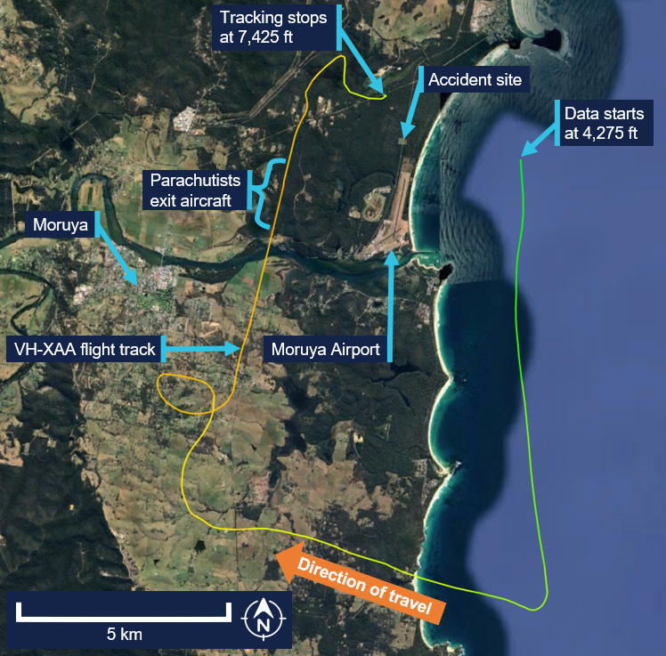 Figure shows the flight path of VH-XAA and accident site and the location of Moruya Airport.