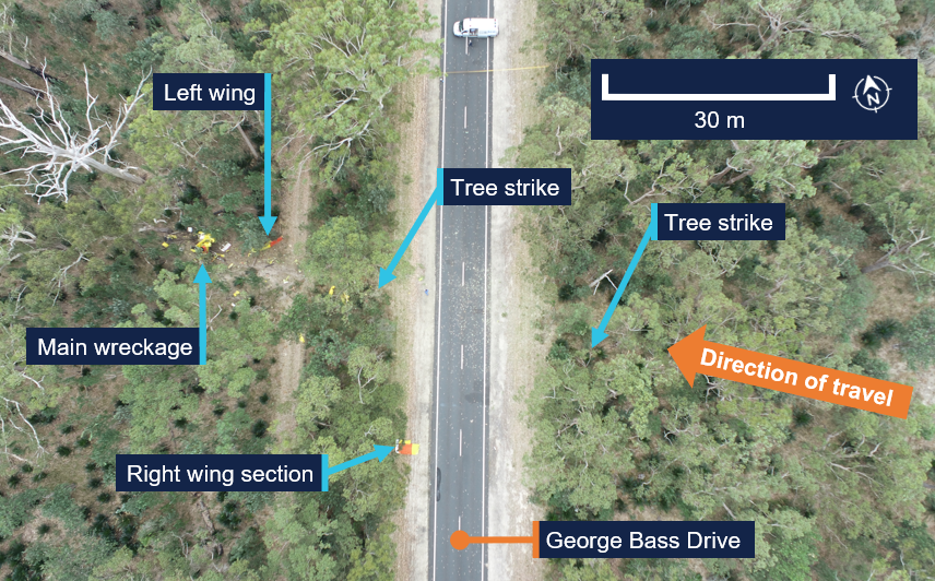 Overhead view of accident site showing direction of travel, trees struck and location of the main wreckage